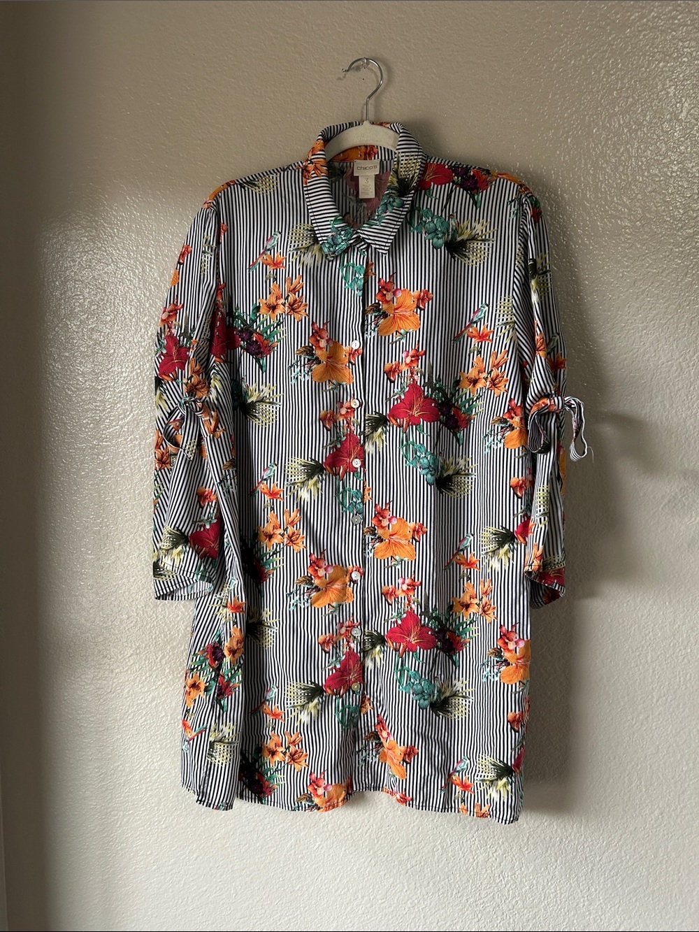 Chicos Tropical Tunic 3/4 Sleeve Blouse Shirt Top Beach Summer Vacay TC0100